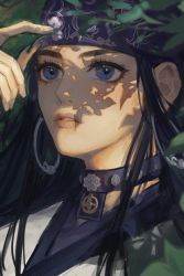 Rule 34 | 1girl, ainu clothes, asirpa, black hair, blue eyes, choker, dappled sunlight, day, earrings, eyelashes, flower, golden kamuy, hand up, headband, highres, holding, holding flower, hoop earrings, jewelry, lips, long hair, looking away, looking up, nature, parted lips, plant, portrait, solo, sunlight, xiaopa25