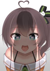 Rule 34 | absurdres, ahoge, blue eyes, blush, bow, brown hair, drooling, hair bow, heart, heart-shaped pupils, highres, hololive, mouth drool, natsuiro matsuri, open mouth, penis shadow, symbol-shaped pupils, virtual youtuber