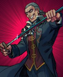 Rule 34 | 1boy, ace attorney, ascot, blue jacket, blue pants, brooch, cane, evil grin, evil smile, formal, furrowed brow, grey hair, grin, holding, holding cane, holding weapon, jacket, jewelry, long sleeves, male focus, manfred von karma, nasu1055, old, old man, open mouth, pants, smile, solo, sparkle, suit, weapon, white ascot