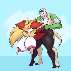 Rule 34 | 1boy, 1girl, animal ears, bent over, blush, breasts, chesnaught, claws, closed eyes, creatures (company), delphox, eyebrows, fox ears, fox tail, furry, furry with furry, game freak, gen 6 pokemon, hambor12, huge breasts, kaboozle, legs, nintendo, nipples, pokemon, pokemon (creature), sex, smile, standing, tail, thick thighs, thighs, tongue, tongue out, wide hips