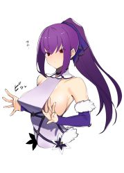Rule 34 | 1girl, absurdres, bare shoulders, blush, breasts, closed mouth, clothes pull, detached sleeves, dress, dress pull, fate/grand order, fate (series), fur trim, hair between eyes, hair ribbon, highres, jikatarou, large breasts, long hair, ponytail, purple dress, purple hair, purple ribbon, red eyes, ribbon, scathach (fate), scathach skadi (fate), scathach skadi (third ascension) (fate), sideboob, sidelocks, simple background, solo, tiara, white background