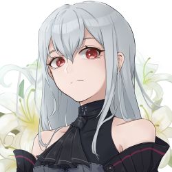Rule 34 | 1girl, arknights, ascot, bare shoulders, black ascot, chinese commentary, commentary request, flower, hair between eyes, long hair, looking at viewer, nekonomi, no headwear, red eyes, silver hair, skadi (arknights), solo, upper body, white flower