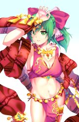Rule 34 | 1girl, arm up, bangle, bow, bracelet, breasts, cleavage, cowboy shot, dancer, fire emblem, fire emblem: genealogy of the holy war, foreshortening, green eyes, green hair, hair bow, highres, jewelry, large breasts, lene (fire emblem), looking at viewer, midriff, navel, necklace, nintendo, pelvic curtain, pendant, ponytail, sash, short hair, simple background, smile, solo, streya, streyah, thigh strap, white background