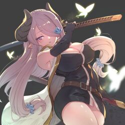 Rule 34 | 1girl, arched back, bare shoulders, belt, belt buckle, black gloves, blue eyes, braid, breasts, buckle, bug, butterfly, butterfly hair ornament, cleavage, coat, commentary, cowboy shot, crown braid, dark background, draph, elbow gloves, fingerless gloves, gloves, glowing butterfly, granblue fantasy, hair ornament, hair over one eye, holding, holding sheath, holding sword, holding weapon, horns, insect, katana, large breasts, leather belt, light purple hair, long hair, looking at viewer, ma ma gobu, narmaya (granblue fantasy), parted lips, pink hair, pointy ears, sheath, simple background, sleeveless, sleeveless coat, solo, standing, sword, weapon, white coat