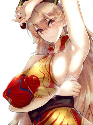 Rule 34 | 1girl, absurdres, armpits, blonde hair, blush, breasts, closed mouth, commentary request, covered erect nipples, hair between eyes, headdress, highres, junko (touhou), kurokan (kokkyou oudan), large breasts, long hair, looking at viewer, red eyes, sideboob, simple background, solo, tabard, touhou, upper body, white background