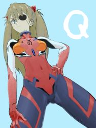 Rule 34 | 10s, 1girl, bad drawr id, bad id, blue background, blue eyes, copyright name, cowboy shot, evangelion: 3.0 you can (not) redo, eyepatch, from below, hair between eyes, hand on own hip, hand on own thigh, legs apart, long hair, neon genesis evangelion, orange hair, plugsuit, rebuild of evangelion, simple background, skin tight, smile, souryuu asuka langley, standing, v-shaped eyebrows