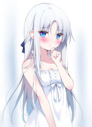 Rule 34 | 1girl, bare arms, bare shoulders, blue bow, blue eyes, blush, bow, breasts, center frills, cleavage, commentary, dress, frilled dress, frills, grey hair, hair between eyes, hair bow, hand on own chin, hand up, looking at viewer, nail polish, original, pan (mimi), parted bangs, parted lips, pink nails, sleeveless, sleeveless dress, small breasts, solo, symbol-only commentary, white dress