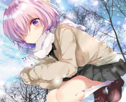 Rule 34 | 1girl, alternate costume, bad id, bad pixiv id, black skirt, blush, closed mouth, fate/grand order, fate (series), hair over one eye, long sleeves, looking at viewer, mash kyrielight, pink eyes, pink hair, ponika, scarf, skirt, smile, snow, socks, solo, squatting, white scarf