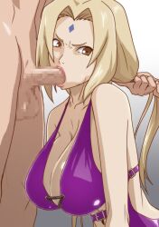 Rule 34 | 1girl, :&gt;=, bikini, blonde hair, breasts, brown eyes, censored, cheek bulge, cleavage, clothed female nude male, facial mark, fellatio, forehead mark, grabbing another&#039;s hair, highres, kyabakurabakufu, large breasts, legs, long hair, looking at viewer, mosaic censoring, naruto, naruto (series), nude, oral, penis, simple background, standing, swimsuit, thighs, tsunade (naruto), twintails, white background
