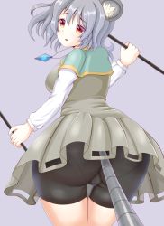 Rule 34 | 1girl, animal ears, ass, bike shorts, breasts, cameltoe, capelet, crystal, dowsing rod, from behind, highres, huge ass, large breasts, looking at viewer, looking back, miso inpakuto, mouse ears, mouse tail, nazrin, open mouth, pantylines, red eyes, shirt, short hair, sideboob, silver hair, skirt, smile, solo, tail, touhou