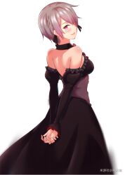 Rule 34 | 1girl, backless dress, backless outfit, black dress, black sleeves, breasts, brown hair, daidailong, detached sleeves, dress, frilled dress, frilled sleeves, frills, grin, hair over one eye, honkai (series), honkai impact 3rd, long sleeves, looking at viewer, looking back, mole, mole under eye, puffy long sleeves, puffy sleeves, purple eyes, rita rossweisse, short hair, simple background, smile, solo, strapless, strapless dress, teeth, white background