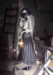Rule 34 | 1girl, black bow, black bowtie, black hair, blouse, blurry, blurry foreground, bow, bowtie, box, cardboard box, hair ornament, highres, holding, holding lantern, horror (theme), ladder, lantern, long skirt, monster girl, no eyes, open mouth, original, pale skin, pleated skirt, poster (object), puffy sleeves, sen ilst, shadow, sharp teeth, shirt, shoes, skirt, solo, standing, stitches, stuffed animal, stuffed toy, teddy bear, teeth, tongue, tongue out