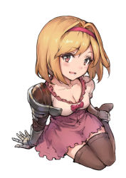 Rule 34 | 1girl, :d, blonde hair, blush, boots, bow, breasts, brown eyes, brown footwear, cleavage, djeeta (granblue fantasy), from above, gauntlets, granblue fantasy, hair intakes, hairband, haoni, high-waist skirt, looking at viewer, medium breasts, open mouth, pink skirt, red bow, shirt, short hair, simple background, sitting, skirt, smile, solo, thigh boots, thighhighs, white background, white shirt, yokozuwari