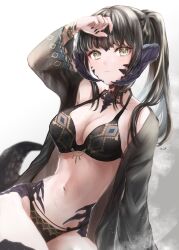 Rule 34 | 1girl, absurdres, au ra, bikini, black bikini, black hair, black jacket, bracelet, breasts, brown eyes, cleavage, closed mouth, dragon horns, dragon tail, eyebrows hidden by hair, feet out of frame, final fantasy, final fantasy xiv, hair between eyes, hand on own head, highres, horns, jacket, jewelry, lena (lenafenrir1), looking at viewer, medium breasts, midriff, nail polish, navel, scales, simple background, solo, sweatdrop, swimsuit, tail, warrior of light (ff14)