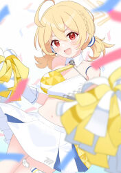 Rule 34 | 1girl, ?, ahoge, armband, artist name, blonde hair, blue archive, blue armband, blurry, blurry foreground, blush, braid, breasts, character name, cheerleader, cleavage, collarbone, commentary request, confetti, cowboy shot, dot nose, gloves, hair between eyes, halo, holding, holding pom poms, kotori (blue archive), kotori (cheer squad) (blue archive), long hair, looking at viewer, medium breasts, melonpan (mimichi03), millennium cheerleader outfit (blue archive), miniskirt, navel, open mouth, pleated skirt, pom pom (cheerleading), pom poms, red eyes, short twintails, skirt, solo, thighlet, translation request, triangle halo, twintails, twitter username, white skirt, wing collar, yellow halo
