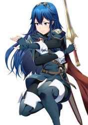 Rule 34 | 1girl, ameno (a meno0), bad id, bad twitter id, blue eyes, blue hair, cape, elbow gloves, falchion (fire emblem), fighting stance, fingerless gloves, fire emblem, gloves, highres, long hair, lucina (fire emblem), nintendo, simple background, smile, solo, sword, symbol-shaped pupils, tiara, weapon, white background