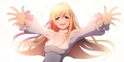 Rule 34 | 1girl, blonde hair, blue eyes, dress, final fantasy, final fantasy xiv, hair ribbon, highres, hyur, long hair, looking at viewer, lyra-kotto, open mouth, outstretched arms, ribbon, ryne waters, solo, spread arms, swept bangs, white background, white dress