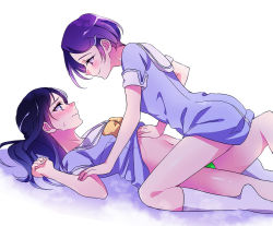 Rule 34 | 2girls, blue hair, blush, bow, bowtie, closed mouth, clothes lift, dokidoki! precure, dress, dress lift, girl on top, green panties, hair ornament, hairclip, hand on another&#039;s chest, hishikawa rikka, kenzaki makoto, lavender dress, long hair, looking at another, lying, multiple girls, navel, negom, on back, panties, precure, purple eyes, purple hair, sailor collar, school uniform, short hair, simple background, smile, socks, underwear, white background, white legwear, white sailor collar, yellow bow, yellow neckwear, yuri
