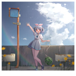 Rule 34 | 1girl, :d, absurdres, ame., animal ears, arm up, black footwear, black ribbon, blue hair, blue sky, blurry, blurry foreground, carrot hair ornament, cloud, collared shirt, commentary request, day, depth of field, flower, food, food-themed hair ornament, fruit, guard rail, hair ornament, hair ribbon, highres, holding, hololive, looking at viewer, open mouth, outdoors, pleated skirt, puffy short sleeves, puffy sleeves, rabbit ears, red eyes, ribbon, shirt, shoes, short eyebrows, short sleeves, skirt, sky, smile, solo, standing, thick eyebrows, two side up, usada pekora, usada pekora (casual), virtual youtuber, watermelon, white shirt, white skirt, yellow flower