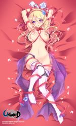 Rule 34 | 1girl, arms up, bad id, bad pixiv id, bed sheet, blonde hair, blush, breasts, deeple, gloves, large breasts, long hair, looking at viewer, lying, naked ribbon, navel, on back, purple eyes, ribbon, solo, thighhighs, unleashed, white gloves