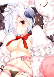 Rule 34 | 1girl, animal ears, azur lane, bed sheet, black panties, blush, bolt (hardware), bow, bowtie, breasts, cat ears, chihiro (khorosho), cleavage, detached sleeves, frilled pillow, frills, groin, hair over one eye, large breasts, long sleeves, looking at viewer, lying, messy hair, navel, on back, panties, parted lips, pillow, polka dot, polka dot pillow, red bow, red bowtie, red eyes, side-tie panties, sleeves past fingers, sleeves past wrists, solo, tears, terror (azur lane), underwear, white hair