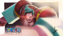 Rule 34 | 1boy, blue hair, clenched hands, commentary, english commentary, english text, fadhilmostain, franky (one piece), highres, logo, long sideburns, male focus, one piece, open mouth, realistic, short hair, sideburns, signature, skull and crossbones, smile, solo, spiked hair, sunglasses, teeth