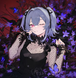 Rule 34 | 1girl, aiko (kanl), black dress, bug, butterfly, closed mouth, dress, finger to mouth, flower, frilled dress, frills, grey hair, hair intakes, hands up, highres, insect, long sleeves, looking at viewer, nail polish, one eye closed, original, purple flower, red eyes, see-through, see-through sleeves, short hair, solo, two side up, upper body