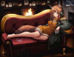 Rule 34 | 1girl, absurdres, animal ear fluff, animal ears, arknights, bare legs, barefoot, bead necklace, beads, black footwear, black jacket, boots, braid, breasts, brown eyes, brown hair, couch, covered erect nipples, dress, fur collar, hagane ryusuke, hand on own hip, headphones, highres, holding, implied extra ears, jacket, jewelry, long hair, long sleeves, looking at viewer, lying, medium breasts, necklace, night, on couch, on side, open clothes, open jacket, orange dress, parted lips, picture frame, ratatos browntail (arknights), snow globe, solo, squirrel ears, squirrel girl, squirrel tail, tail, unworn boots, window