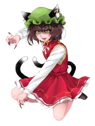 Rule 34 | 1girl, :d, animal ear fluff, animal ears, arm up, bad id, bad pixiv id, breasts, brown footwear, brown hair, cat ears, cat tail, chen, commentary, earrings, ears through headwear, facial mark, fangs, fingernails, green hat, hat, highres, jewelry, long sleeves, minugi, mob cap, multiple tails, nail polish, neck ribbon, nekomata, open mouth, petticoat, red nails, red skirt, red vest, ribbon, seiza, sharp fingernails, shirt, shoes, short hair, simple background, sitting, skirt, small breasts, smile, solo, tail, touhou, two tails, vest, whisker markings, white background, white ribbon, white shirt, yellow eyes