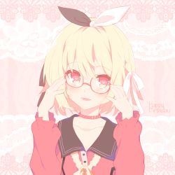 Rule 34 | 1girl, adjusting eyewear, arms up, blonde hair, blush, bow, bow hairband, collar, collarbone, copyright request, glasses, hair between eyes, hair bow, hairband, happy birthday, hatsukoi chiduru, heart, heart-shaped pupils, highres, hoppege, indie virtual youtuber, lace background, long sleeves, looking at viewer, multicolored bow, open mouth, red collar, red eyes, sailor collar, school uniform, serafuku, short hair, smile, solo, studded collar, symbol-shaped pupils, upper body, virtual youtuber