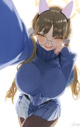Rule 34 | 1girl, animal ears, artist name, blue archive, blush, breasts, foreshortening, glasses, highres, large breasts, m.q (mqkyrie), moe (blue archive), open mouth, pantyhose, round eyewear, skirt, smile, sweater