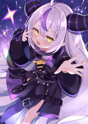 Rule 34 | 1girl, absurdres, ahoge, ascot, asymmetrical legwear, belt, black jacket, braid, chain, collar, feet out of frame, hair between eyes, highres, hololive, horns, jacket, la+ darknesss, long hair, looking at viewer, mismatched legwear, multicolored hair, okiq, open mouth, outstretched arm, pointy ears, purple hair, silver hair, single thighhigh, slit pupils, smile, solo, sparkle, streaked hair, striped horns, thighhighs, v, v over eye, very long hair, virtual youtuber, yellow eyes