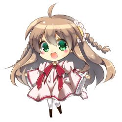 Rule 34 | 10s, 1girl, boots, braid, brown hair, chibi, flower, green eyes, hair flower, hair ornament, highres, kanbe kotori, long hair, momijiko, open mouth, outstretched arms, rewrite, ribbon, school uniform, solo, spread arms, thighhighs, twin braids