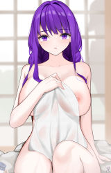 Rule 34 | 1girl, absurdres, areola slip, arm at side, breasts, collarbone, covering chest, covering privates, genshin impact, hair down, highres, large breasts, long hair, looking at viewer, mole, mole under eye, naked towel, nude, nude cover, onsen, parted lips, purple eyes, purple hair, raiden shogun, seasonsun, see-through, sitting, solo, towel, very long hair, wet, wet towel
