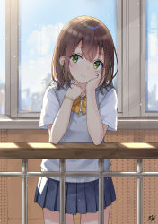 Rule 34 | 1girl, blue skirt, blue sky, blush, bow, bowtie, brown hair, closed mouth, collared shirt, green eyes, grey vest, hand on own face, hand up, highres, indoors, medium hair, miko fly, original, pleated skirt, railing, school uniform, shirt, short sleeves, skirt, sky, solo, standing, uniform, vest, white shirt, window, yellow bow, yellow bowtie