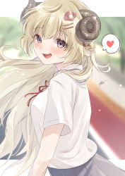 Rule 34 | 1girl, absurdres, ahoge, alternate costume, blonde hair, blue skirt, blurry, blurry background, blush, breasts, commentary, cowboy shot, hair ornament, hairclip, harui (hr x9 ), heart, highres, hololive, horns, light particles, long hair, looking at viewer, medium breasts, neck ribbon, open mouth, pleated skirt, purple eyes, red ribbon, ribbon, school uniform, sheep horns, shirt, short sleeves, signature, skirt, smile, solo, spoken heart, tsunomaki watame, virtual youtuber, white shirt