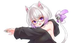 Rule 34 | 1girl, absurdres, animal ear fluff, animal ears, bare shoulders, bell, black coat, blush, bow, breasts, cat ears, cat girl, cat tail, coat, commentary, commission, fang, glasses, gradient hair, highres, holding, holding mahjong tile, indie virtual youtuber, long sleeves, looking at viewer, mahjong, mahjong tile, medium breasts, medium hair, multicolored hair, null maru, purple bow, purple eyes, purple hair, satou namu (vtuber), silver hair, simple background, skeb commission, smile, solo, tail, virtual youtuber, white background, white bow