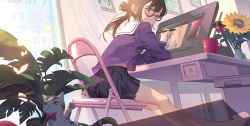 Rule 34 | 1girl, animal, bare legs, black hair, black skirt, blue eyes, bow, bug, butterfly, cat, chair, closed mouth, commentary, cup, curtains, desk, drawing tablet, flower, folding chair, from side, highres, insect, long hair, long sleeves, looking at viewer, looking to the side, mug, original, photo (object), plant, potted plant, purple shirt, red bow, sailor collar, school uniform, serafuku, shirt, sitting, skirt, slippers, solo, somna, stylus, sunflower, vase, white sailor collar, wind, window