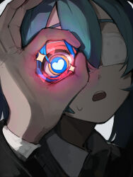 1girl aqua_hair contrast_collar eyepatch hair_between_eyes hallucination hatsune_miku heart heart-shaped_pupils highres medical_eyepatch monitoring_(vocaloid) ok_sign ok_sign_over_eye open_mouth ringed_eyes simple_background sirayukisiu solo sparkle sweat symbol-shaped_pupils vocaloid white_background