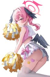 Rule 34 | 1girl, absurdres, alternate costume, ass, bare arms, black wings, blue archive, blush, bow, bow skirt, cheerleader, closed mouth, commentary request, crop top, cropped shirt, feathered wings, halo, hand up, head wings, heart sticker, highres, holding, holding pom poms, koharu (blue archive), looking at viewer, low wings, mini wings, miniskirt, panties, pantyshot, pink bow, pink eyes, pink hair, pink halo, pink shirt, pleated skirt, pom pom (cheerleading), pom poms, ri yonn, shirt, simple background, skirt, sleeveless, sleeveless shirt, solo, star sticker, sticker on leg, thighhighs, underwear, wedgie, white background, white panties, white skirt, white thighhighs, wings