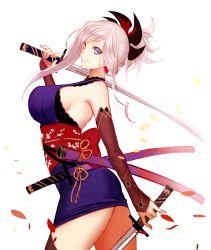 Rule 34 | 1girl, apt, black thighhighs, blue eyes, breasts, closed mouth, contrapposto, cowboy shot, detached sleeves, dual wielding, fate/grand order, fate (series), from side, hair ornament, highres, holding, japanese clothes, katana, kimono, large breasts, looking at viewer, miyamoto musashi (fate), miyamoto musashi (first ascension) (fate), obi, petals, sash, sheath, short kimono, short ponytail, sideboob, sidelocks, silver hair, simple background, sleeveless, sleeveless kimono, solo, standing, swept bangs, sword, thighhighs, weapon, white background