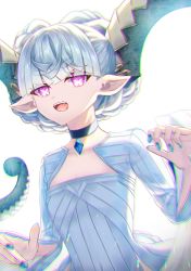 Rule 34 | + +, 1girl, braid, breasts, choker, crown braid, curled horns, dress, fate/grand order, fate/grand order arcade, fate (series), horns, jewelry, larva tiamat (fate), larva tiamat (first ascension) (fate), long hair, long horns, long sleeves, looking at viewer, nanahi tsubaki, open mouth, pendant, pink eyes, pointy ears, ribbed dress, silver hair, small breasts, solo, symbol-shaped pupils, tiamat (fate), white dress