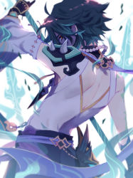 Rule 34 | 1boy, aqua hair, arm tattoo, arm up, armor, bead necklace, beads, black gloves, black hair, from behind, genshin impact, gloves, holding, holding weapon, jewelry, looking at viewer, male focus, mask, multicolored hair, necklace, polearm, shoulder armor, solo, spikes, suke 81, tattoo, weapon, xiao (genshin impact), yellow eyes