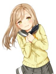 Rule 34 | 10s, 1girl, :3, bad id, bad twitter id, black feathers, blush, bow, bowtie, brown hair, cardigan, commentary request, feathers, hands on own chest, holding, kunikida hanamaru, long hair, long sleeves, looking at viewer, love live!, love live! sunshine!!, marimuu, pleated skirt, school uniform, serafuku, simple background, skirt, smile, solo, swept bangs, white background, yellow bow, yellow bowtie, yellow eyes