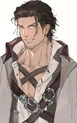 Rule 34 | 1boy, adventurer (ff14), chest belt, chest harness, facial hair, final fantasy, final fantasy xiv, gsg7pk, hair slicked back, harness, highres, leather belt, looking at viewer, male focus, mature male, medium hair, mustache stubble, pectoral cleavage, pectorals, scar, scar across eye, smile, solo, sparse stubble, stubble, thick eyebrows, upper body, warrior of light (ff14)