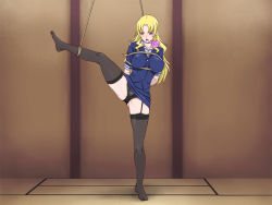 Rule 34 | 1girl, arms behind back, bdsm, blonde hair, blush, bondage, bound, breasts, flight attendant, garter straps, large breasts, leg up, legs, long hair, nightmare express, open mouth, panties, red eyes, rope, scarf, shibari, standing, thighhighs, thighs, travel attendant, underwear