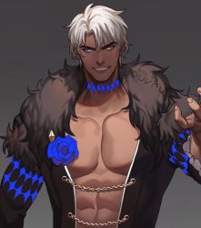 Rule 34 | 1boy, abs, bara, blue eyes, blue flower, blue rose, chain, chain, commentary, commission, dark skin, dark-skinned male, english commentary, fang, flower, gold chain, grin, heterochromia, highres, jouvru, long sleeves, looking at viewer, male focus, muscular, nose, original, pectorals, rose, short hair, simple background, smile, solo, symbol-only commentary, thick eyebrows, upper body, white hair, yellow eyes