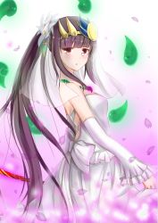 Rule 34 | 1girl, :o, bad id, bad pixiv id, bare shoulders, berry, black hair, blunt bangs, blush, bow, bridal veil, collarbone, detached sleeves, dress, flower, frilled dress, frilled sleeves, frills, hair flower, hair ornament, headpiece, jewelry, leaf, long hair, long sleeves, looking at viewer, lots of jewelry, magatama, necklace, open mouth, petals, ponytail, puzzle &amp; dragons, red eyes, solo, tailam, veil, very long hair, wedding dress, white bow, white dress, yomi (p&amp;d)