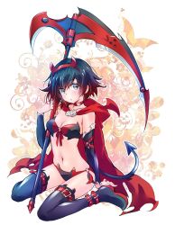 Rule 34 | 1girl, belt, bikini, black hair, boots, breasts, cape, choker, cloak, crescent rose, demon girl, demon horns, demon tail, gradient hair, highres, hood, hooded cloak, horns, iesupa, multicolored hair, multiple belts, navel, o-ring, o-ring bikini, red cape, red hair, revealing clothes, ruby rose, rwby, scythe, short hair, grey eyes, solo, swimsuit, tail, thigh boots, thighhighs, two-tone hair