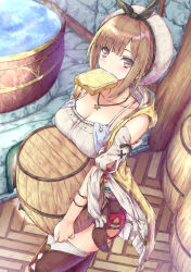 Rule 34 | 1girl, aramachi, atelier (series), atelier ryza, atelier ryza 1, bare shoulders, barrel, beret, blunt bangs, blush, boots, bread, bread slice, breasts, brown eyes, brown footwear, brown hair, butter, camisole, carrying, cleavage, collarbone, detached sleeves, food, food in mouth, from above, hat, highres, jewelry, kettle, large breasts, long sleeves, looking at viewer, looking up, mouth hold, necklace, open clothes, red shorts, reisalin stout, short hair, short shorts, shorts, sidelocks, solo, star (symbol), star necklace, thigh boots, thighhighs, thighhighs under boots, toast, toast in mouth, white hat, white thighhighs
